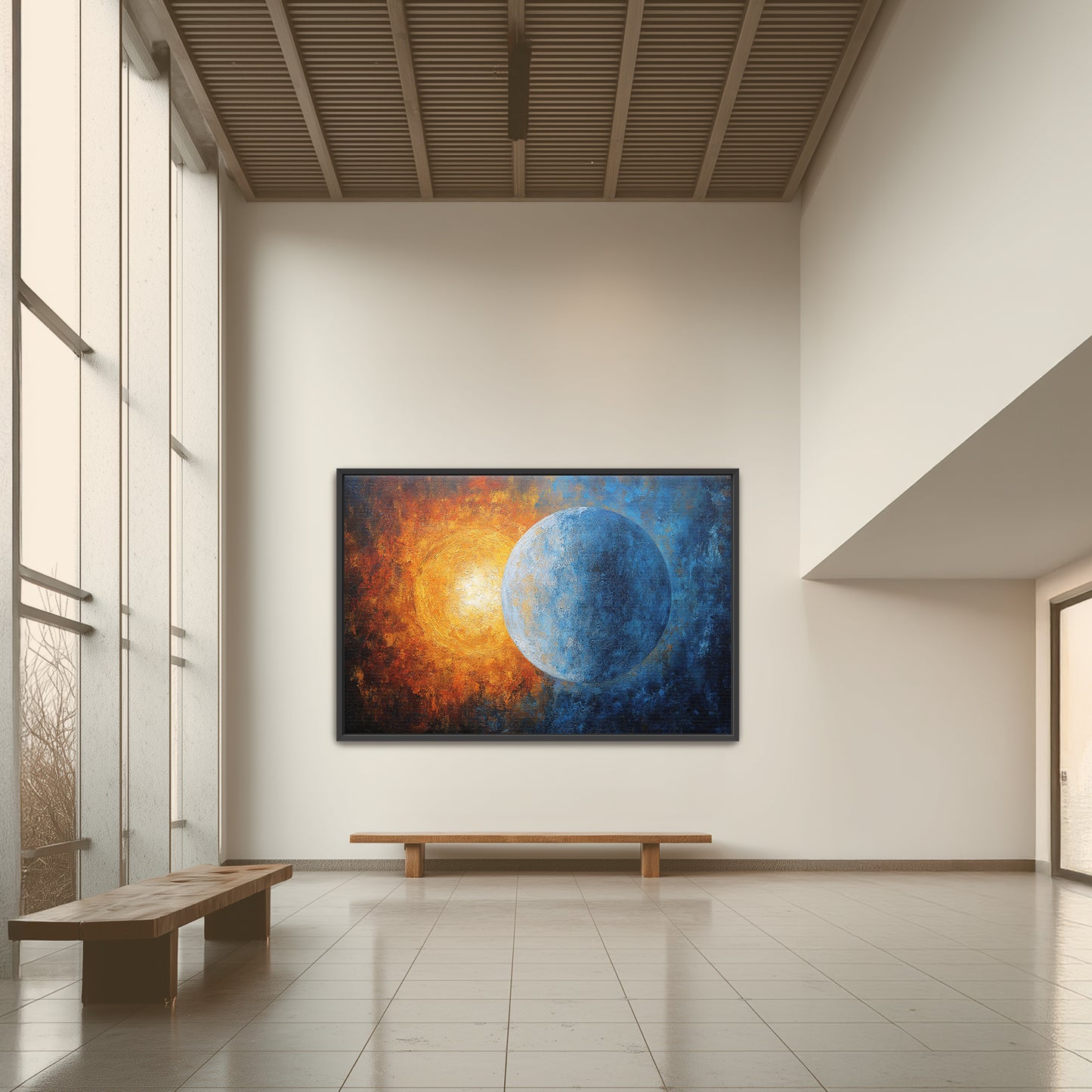 Spiritual Balance Wall Art Print for home or studio decor, depicting sun and moon energy, yin yang harmony, and sacred balance in abstract cosmic art. Modern interior with a large abstract painting of a celestial Sun and moon
