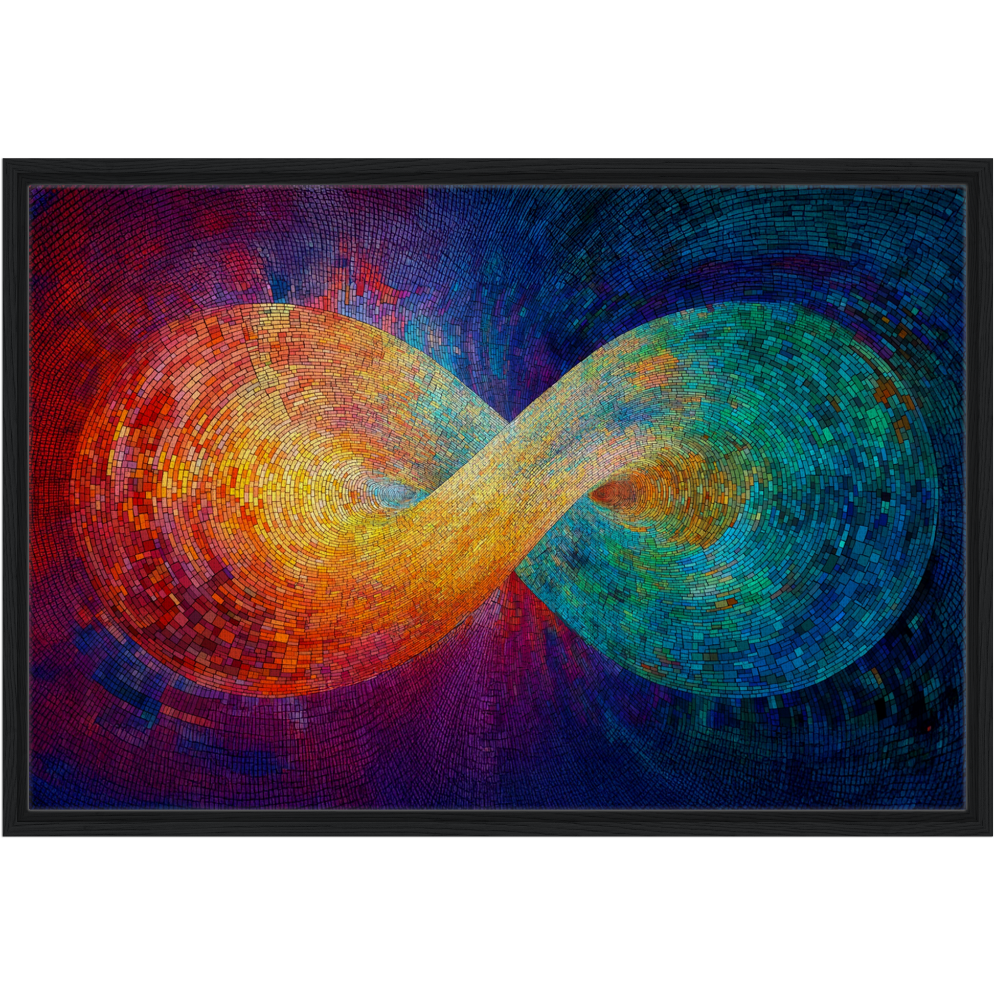 Spiritual Energy Wall Art Print features the infinity symbol that flows interconnected symbolising continuous energy flow.Colorful infinity symbol artwork with a black frame