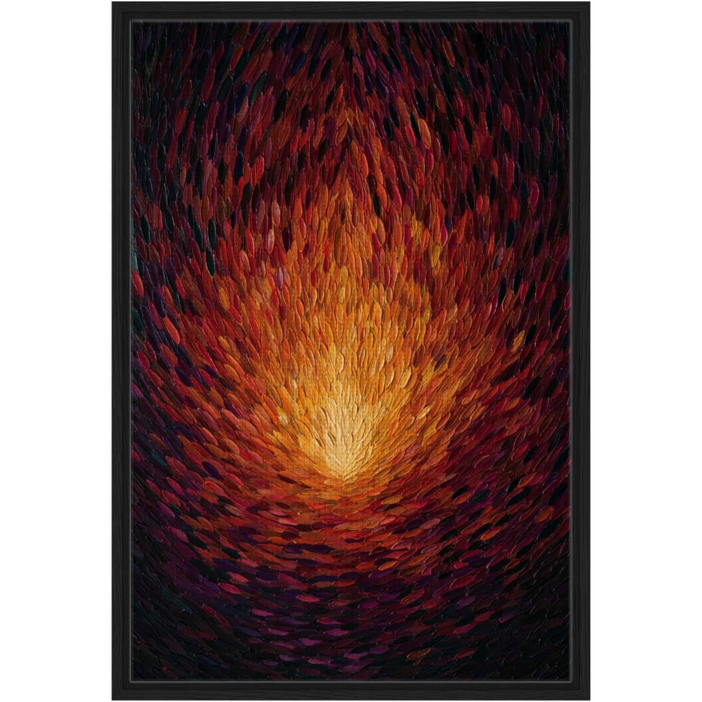 Spiritual Fire Wall Art Print Abstract art with warm colors and a central light source, black floating canvas frame