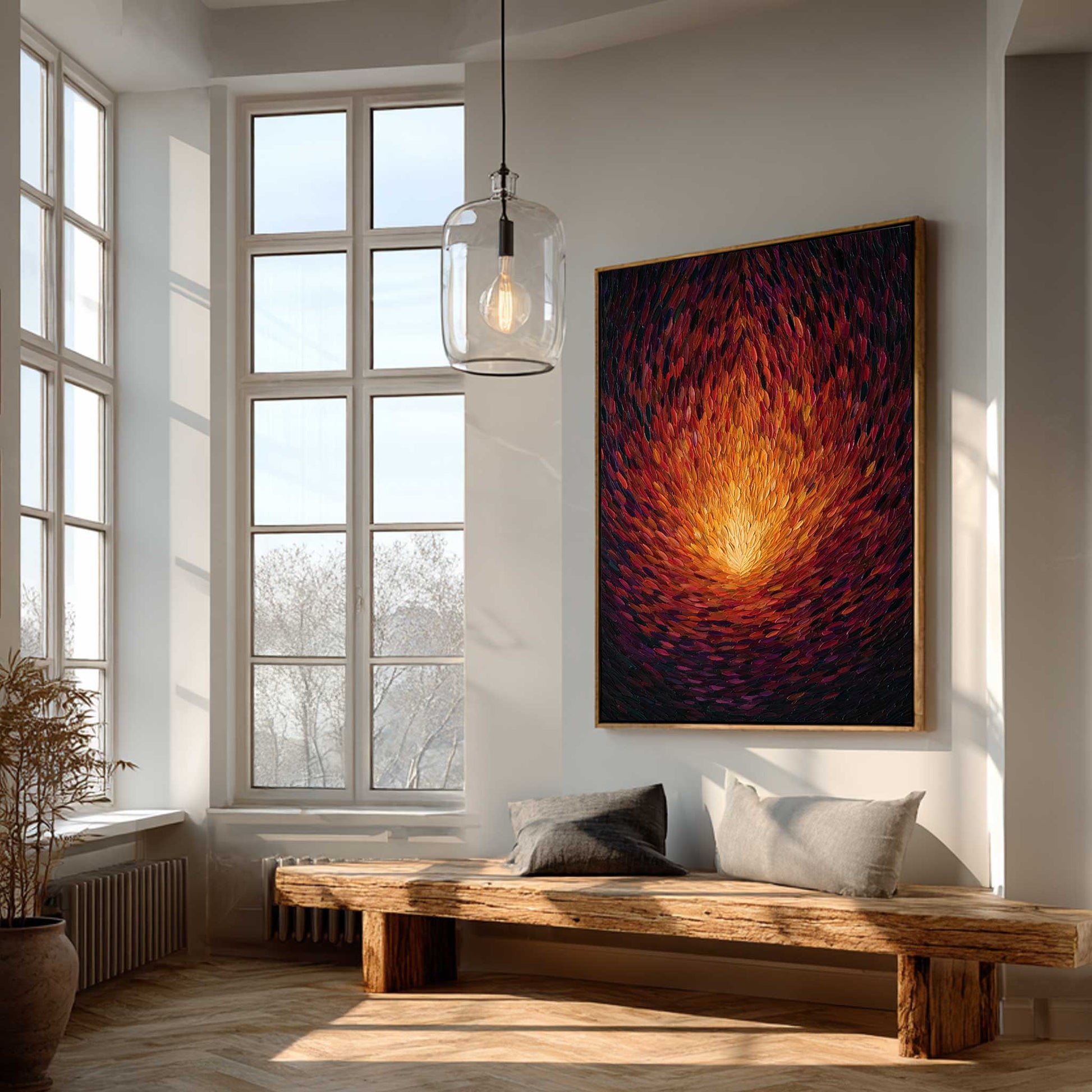 Spiritual Fire Wall Art Print Large spiritual wall art with warm colors on a dark background Modern interior with a wooden bench, colorful abstract painting, and large windows.