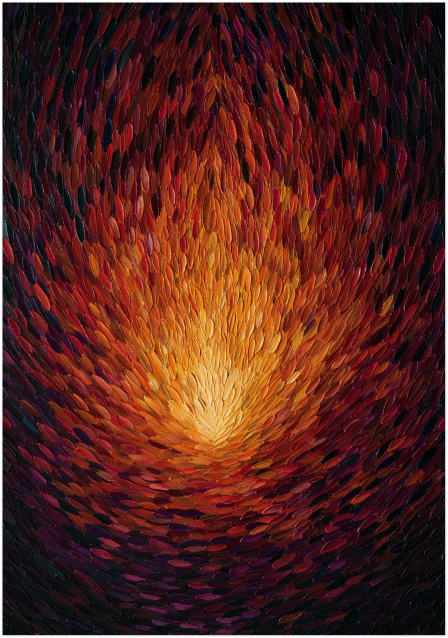 Spiritual Fire Wall Art Print Abstract art of a fiery vortex with warm colors on a dark background