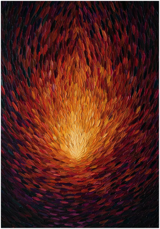 Spiritual Fire Wall Art Print Abstract art of a fiery vortex with warm colors on a dark background
