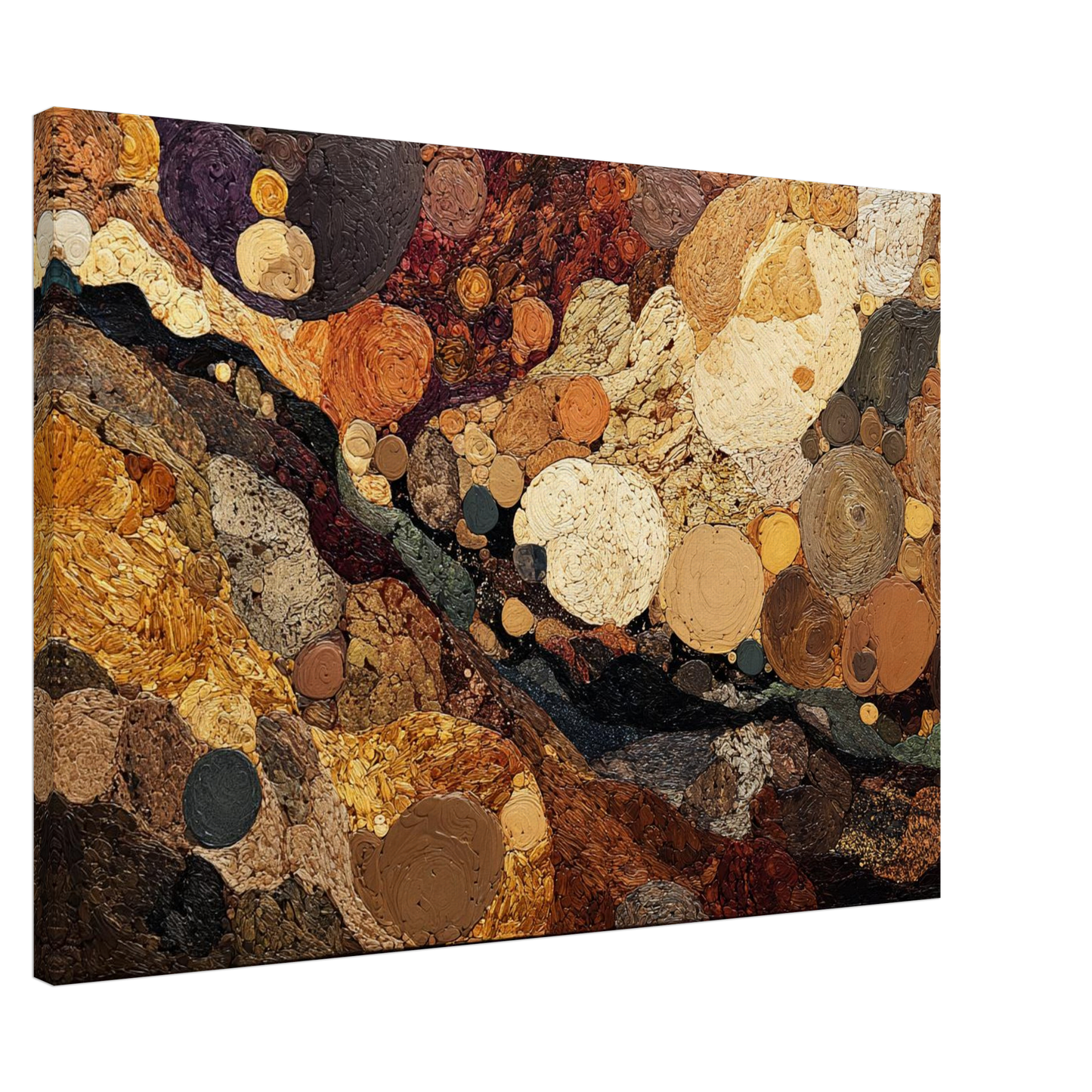 Spiritual Grounding Wall Art featuring layered circular forms and textured patterns in warm gold and brown tones.