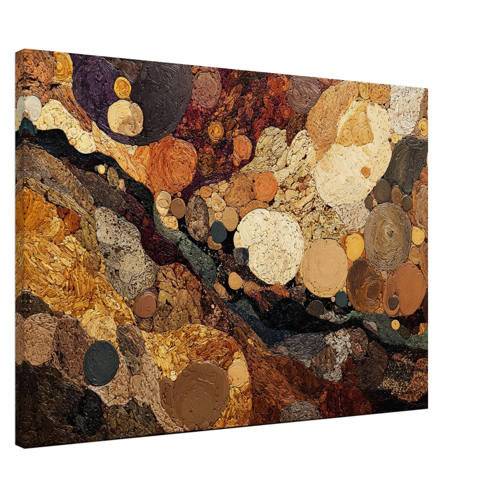 Spiritual Grounding Wall Art featuring layered circular forms and textured patterns in warm gold and brown tones.