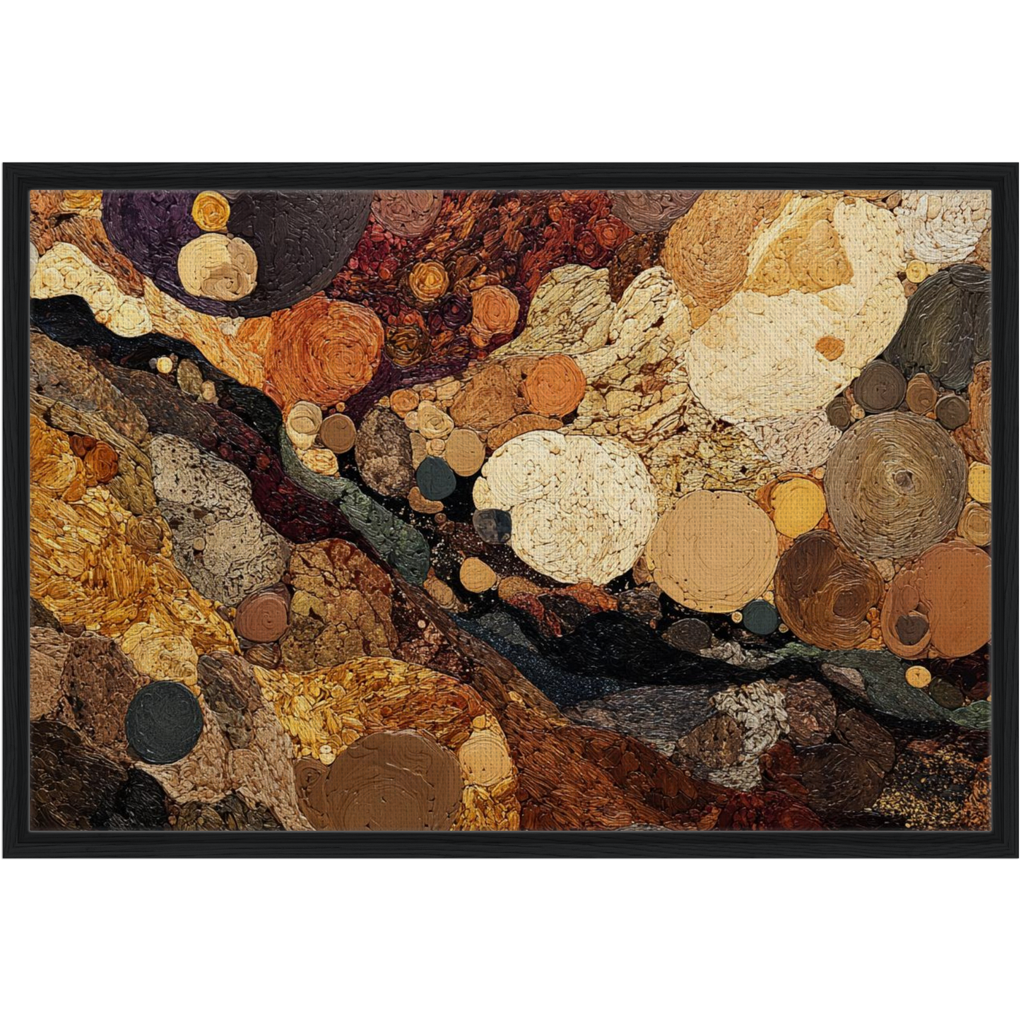 Spiritual Grounding Wall Art featuring layered circular shapes and textured surfaces in gold, brown, and neutral tones, displayed in a black frame.