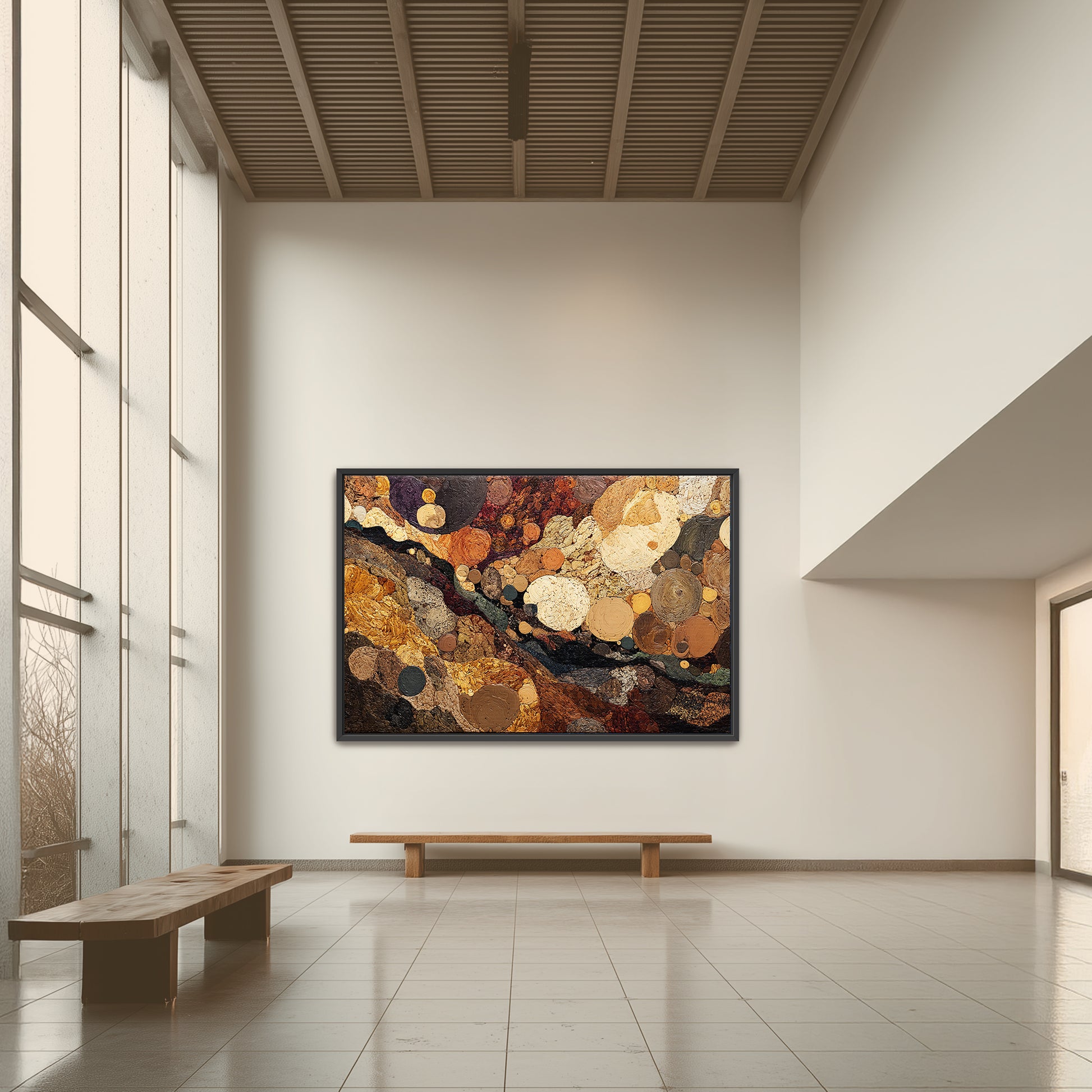 Spiritual Grounding Wall Art styled in a contemporary living space, featuring textured circular forms in warm earth tones.