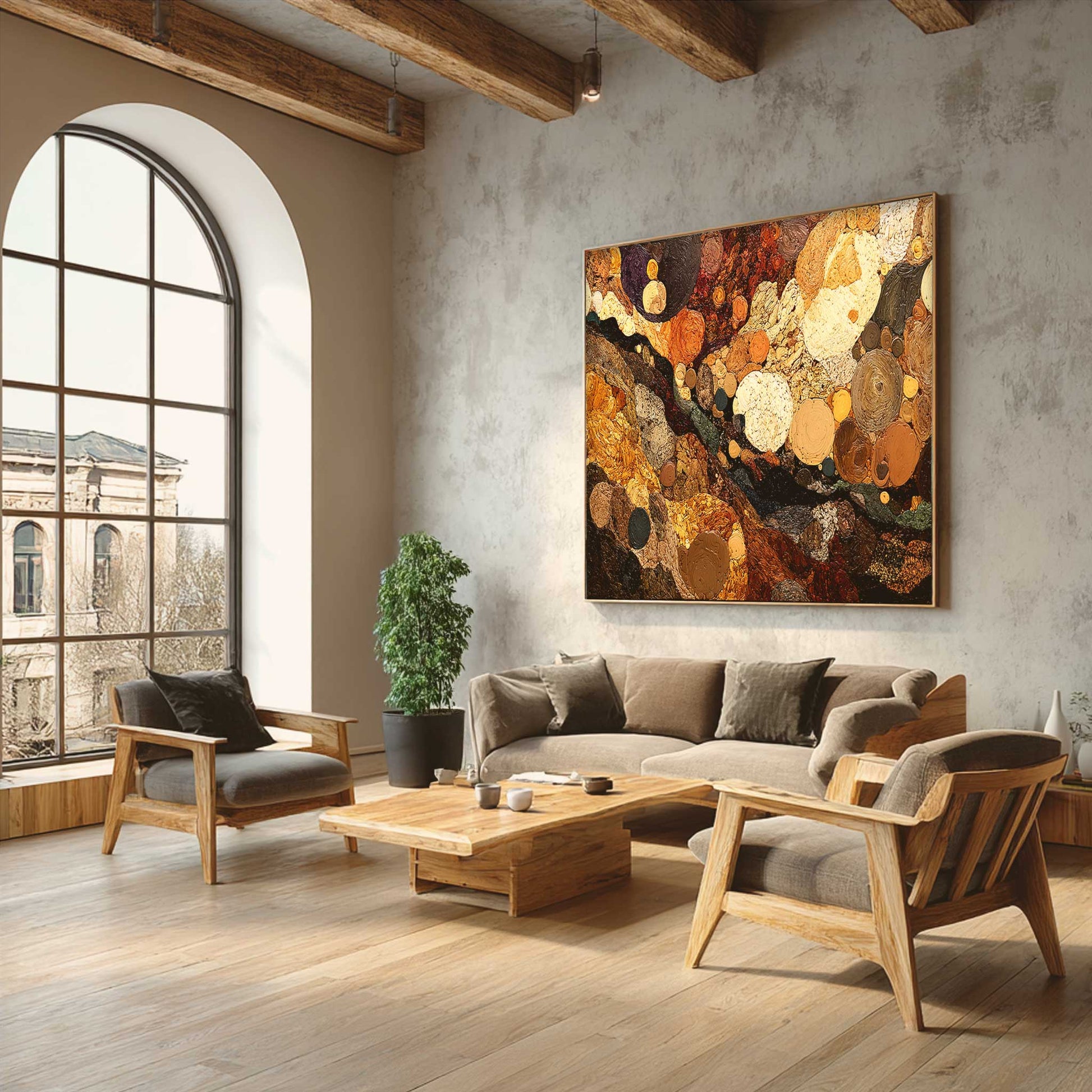 Spiritual Grounding Wall Art displayed in a modern living room interior, showing layered circular shapes and textured earth tones.