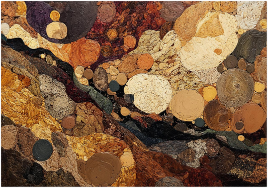 Spiritual Grounding Wall Art featuring layered circular shapes and textured surfaces in gold, brown, and neutral tones