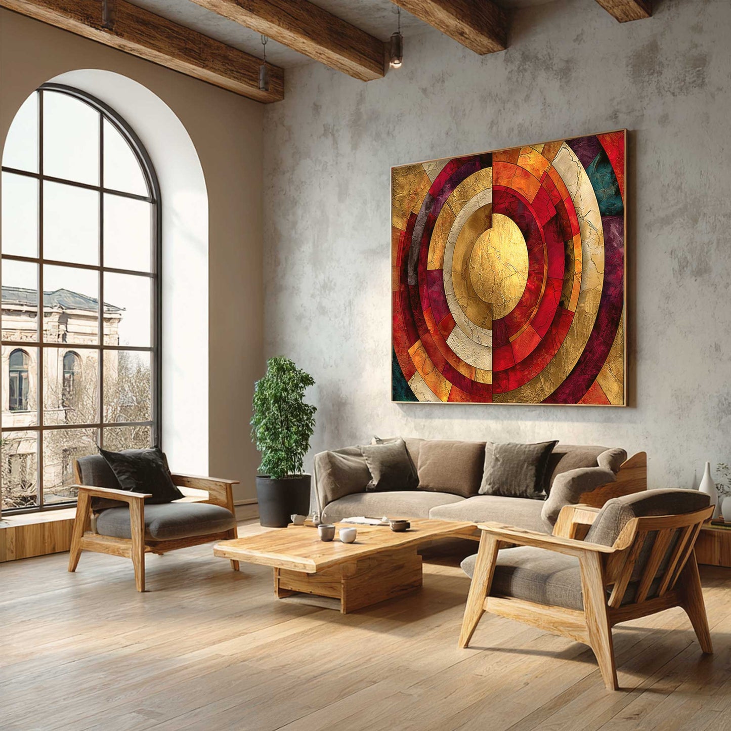Sacred geometry spiritual wall art  styled in a contemporary living space, featuring layered circular shapes and geometric patterns in earthy tones.