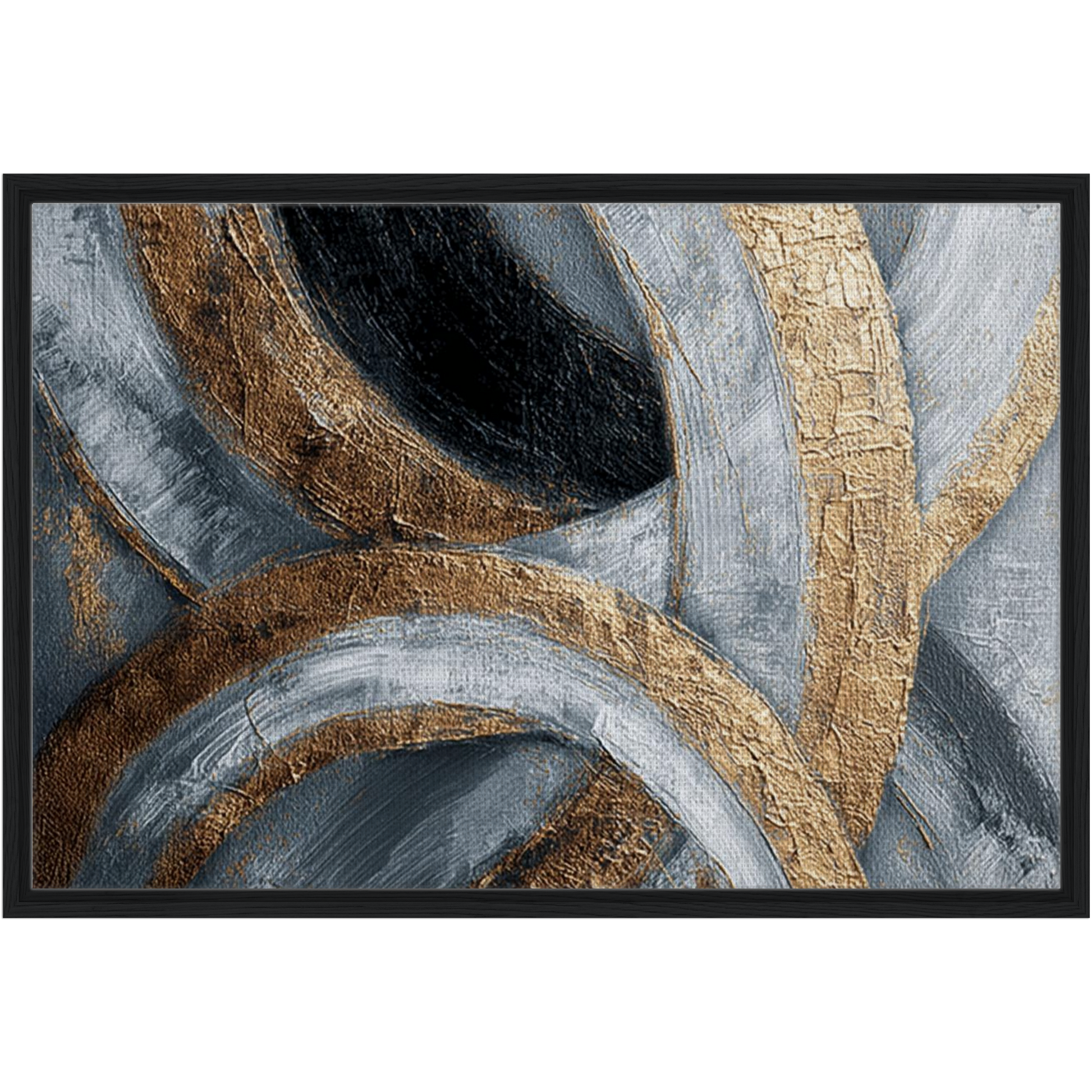 Grounding Spiritual Energy Wall Art Abstract gold grey energy wall art print featuring flowing curved brush strokes in gold, grey, and black tones, in a black frame.