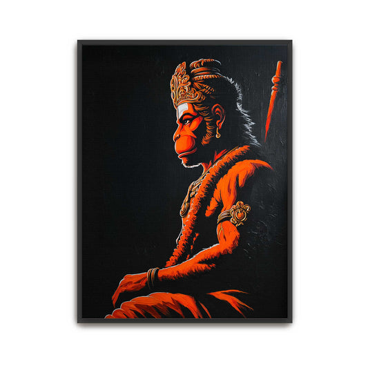 Framed artwork of a stylized depiction of Hanuman ji with orange and black colors on a dark background.