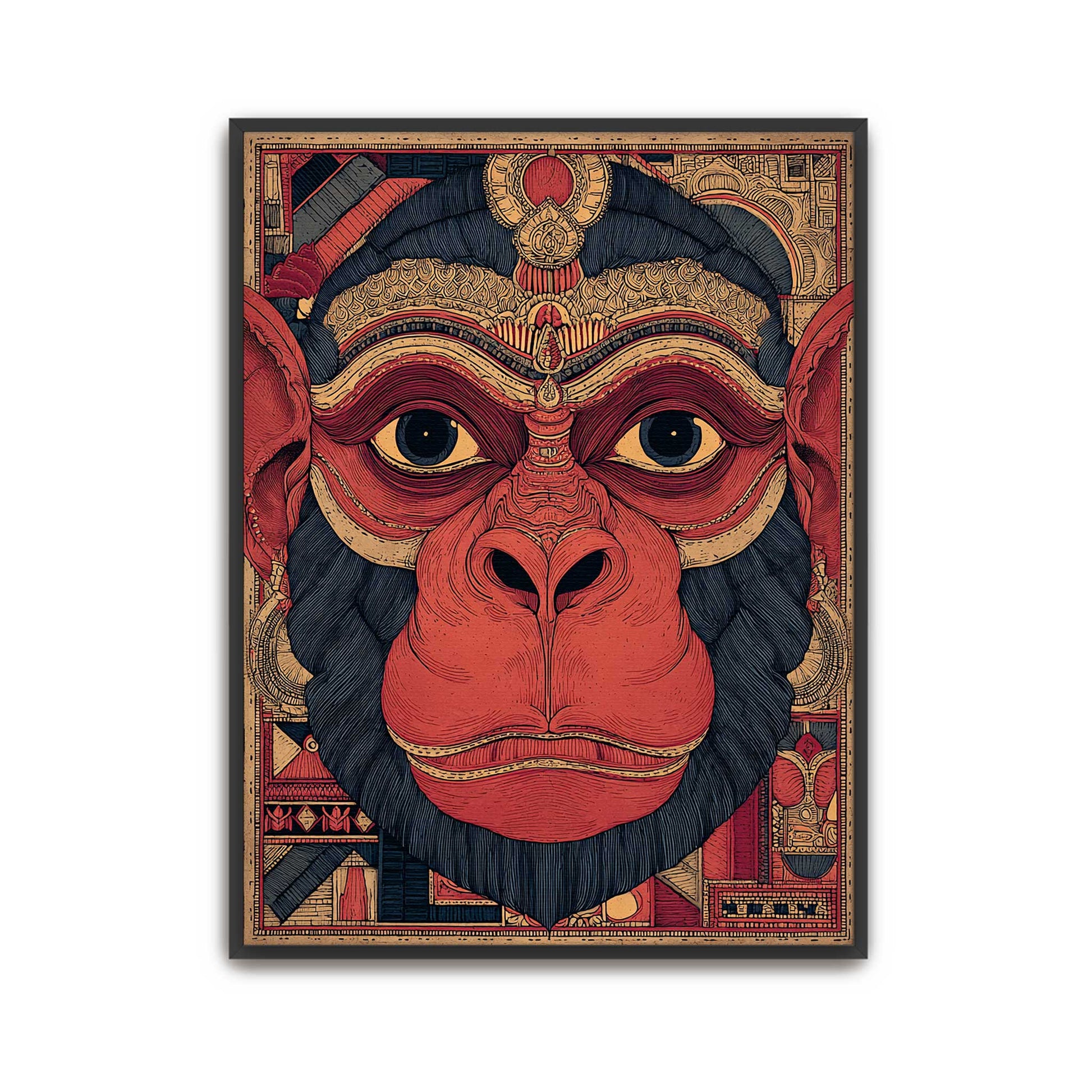 Framed artwork of a Hanuman Ji with intricate details on a white background