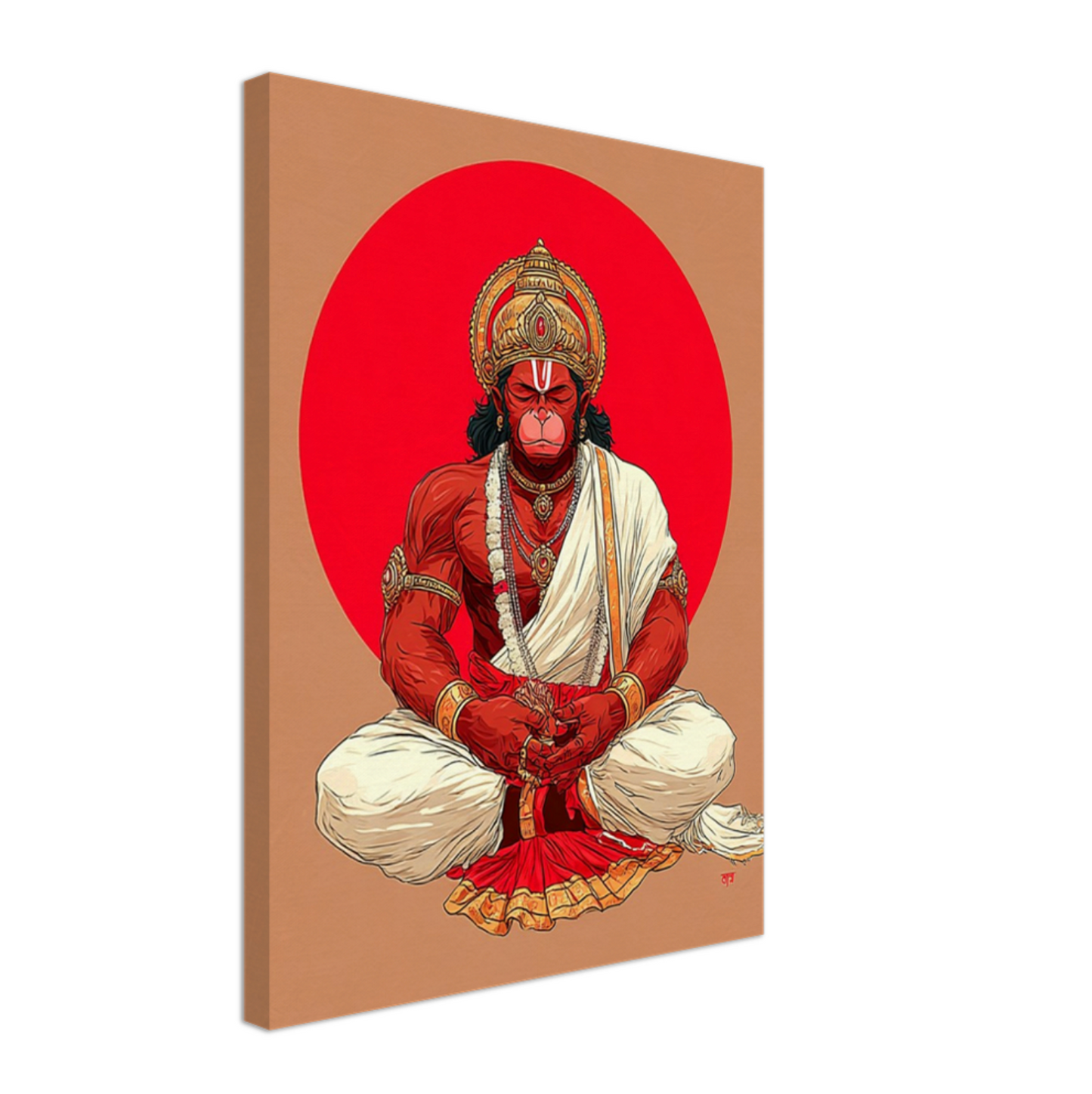 Canvas print of  Hanuman meditation canvas artwork with contemporary sacred designwith a red circle on a brown background