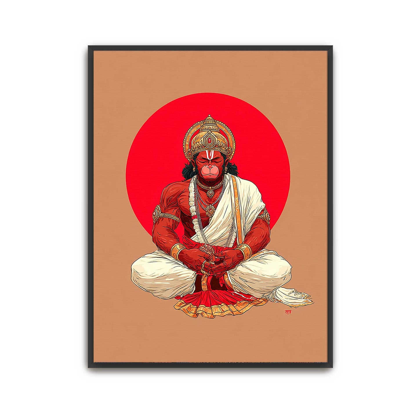 Hanuman meditation fine art depicting contemporary Hindu spiritual wall art in red and white attire against a red circle on a beige background.