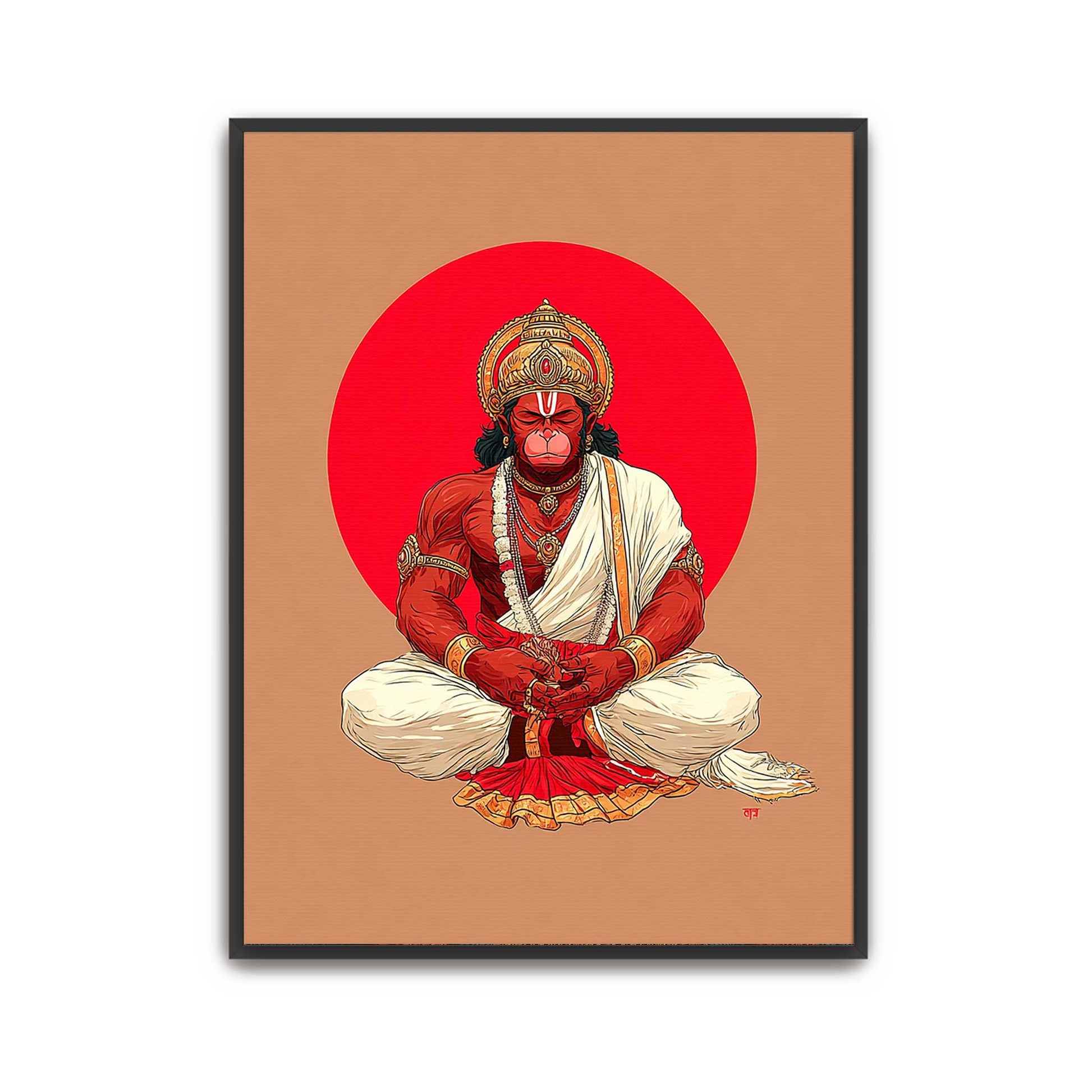 Hanuman meditation fine art depicting contemporary Hindu spiritual wall art in red and white attire against a red circle on a beige background.