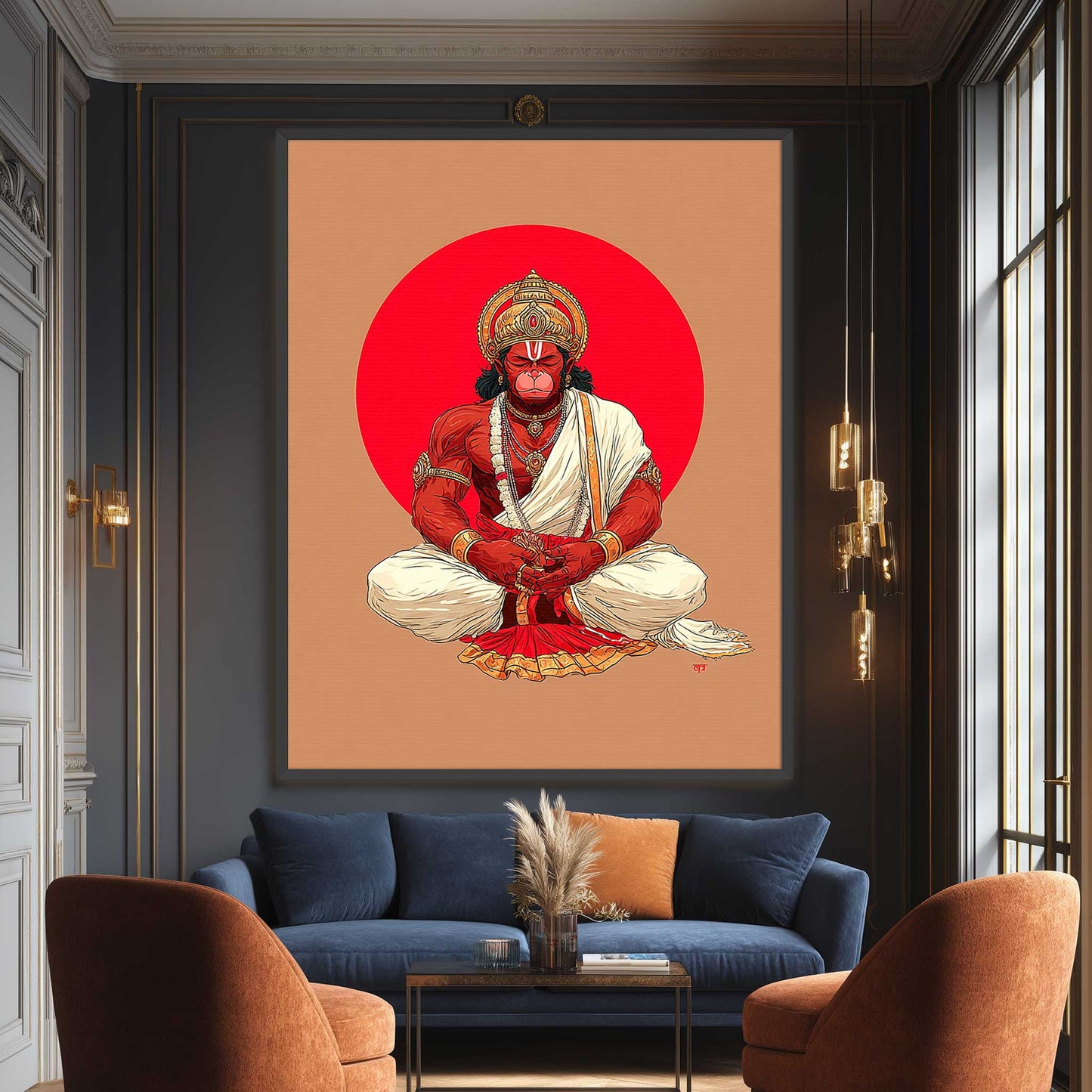 Hanuman meditation wall art displayed in a contemporary space Framed artwork of Hindu God on a wall in a living room with a blue sofa and brown chairs.