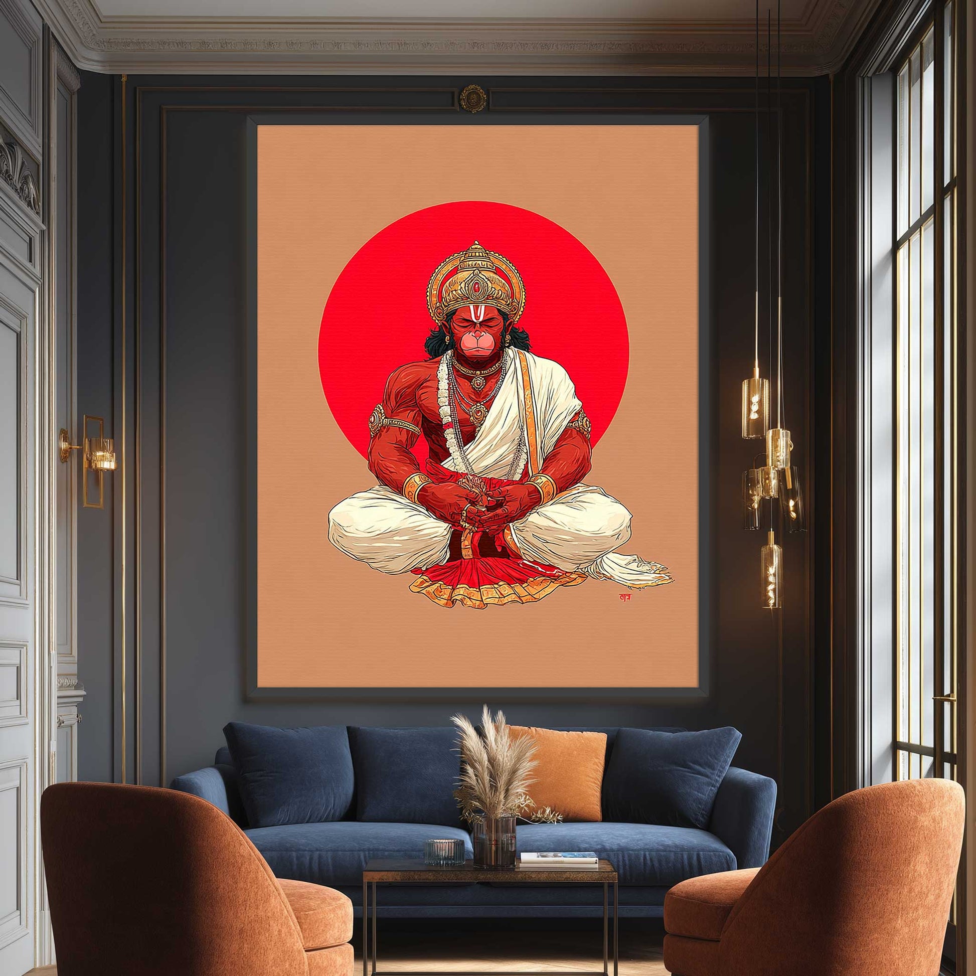 Hanuman meditation wall art displayed in a contemporary space Framed artwork of Hindu God on a wall in a living room with a blue sofa and brown chairs.