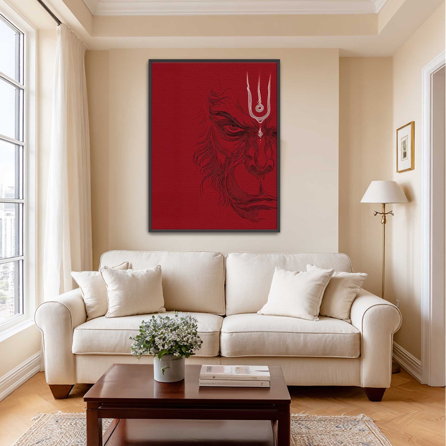 Living room with a white sofa, wooden coffee table, and red wall art hanuman ji 