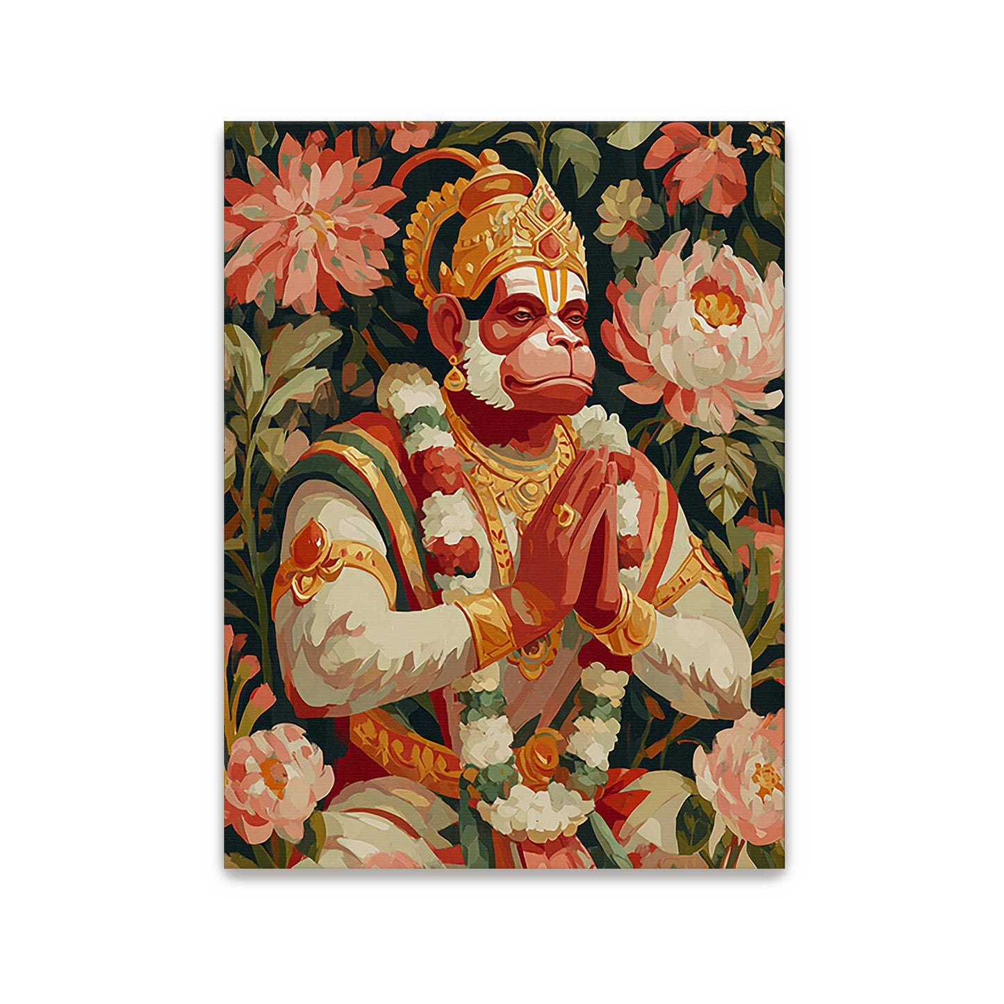 Lord Hanuman wall art depicting Hindu spiritual fine art surrounded by flowers on a dark background
