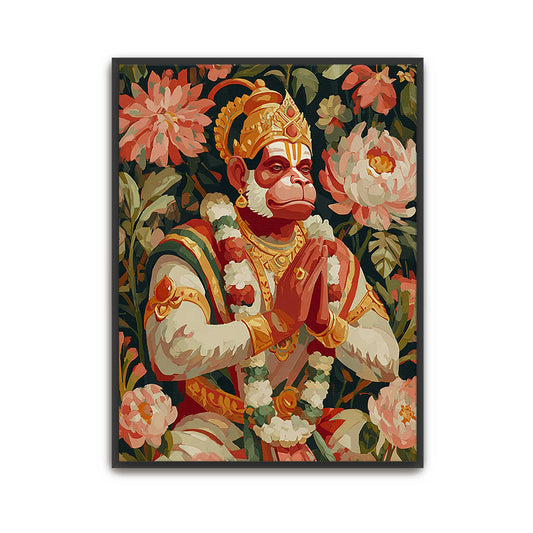 Framed artwork of Lord Hanuman Wall Art Hindu Spiritual Wall Art with floral decorations on a white background
