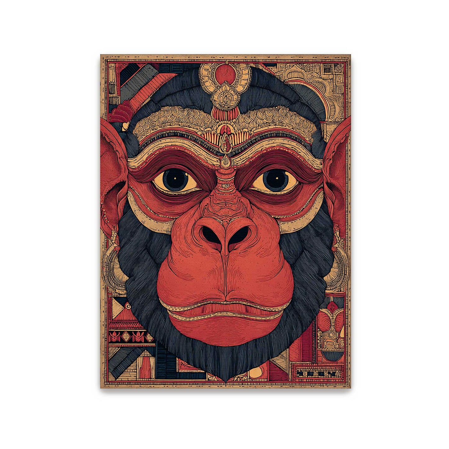 Decorative poster  artwork  Lord Hanuman face with intricate patterns on a white background