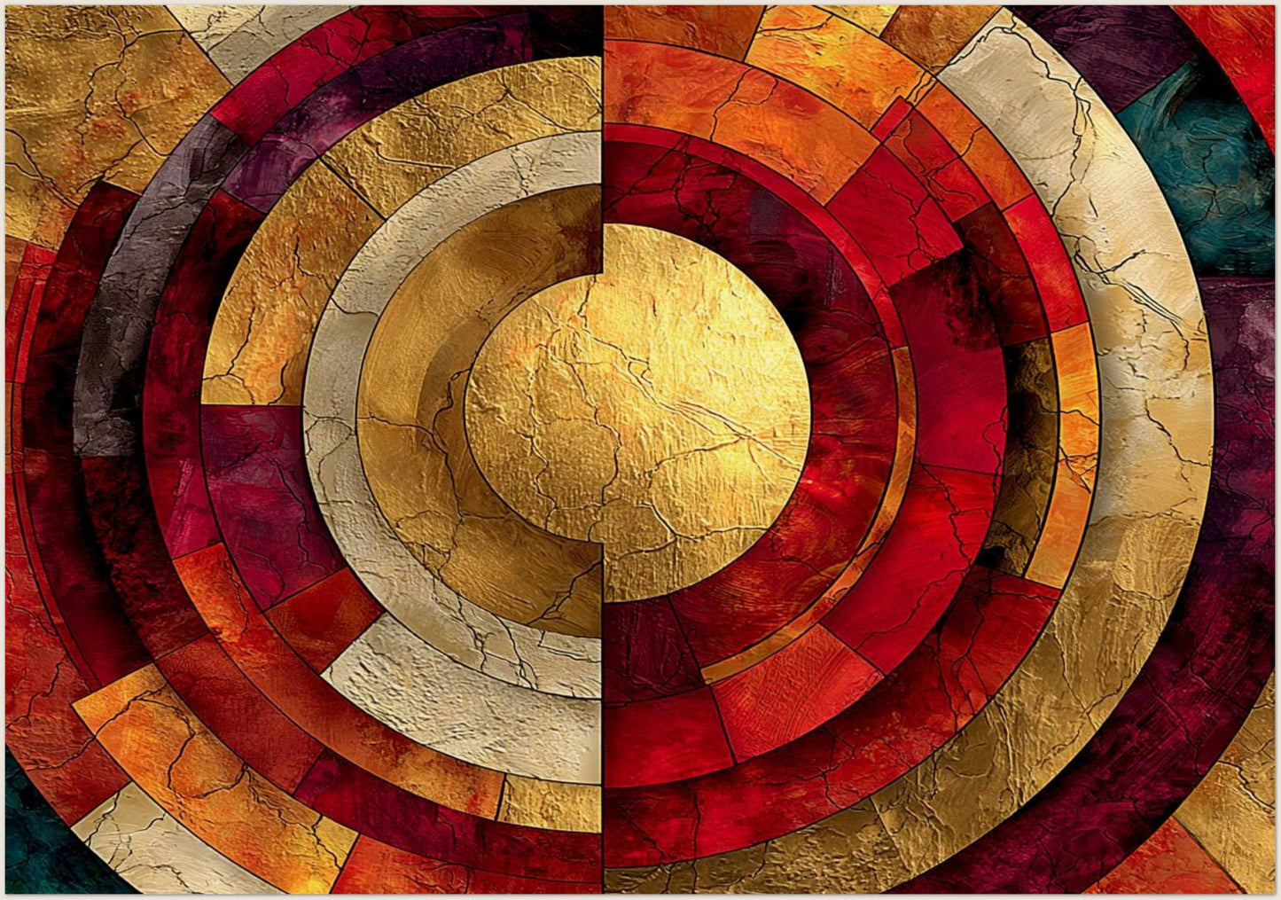 Sacred geometry spiritual wall art  featuring concentric circular shapes in red and gold tones with layered geometric segments and symmetrical abstract design.
