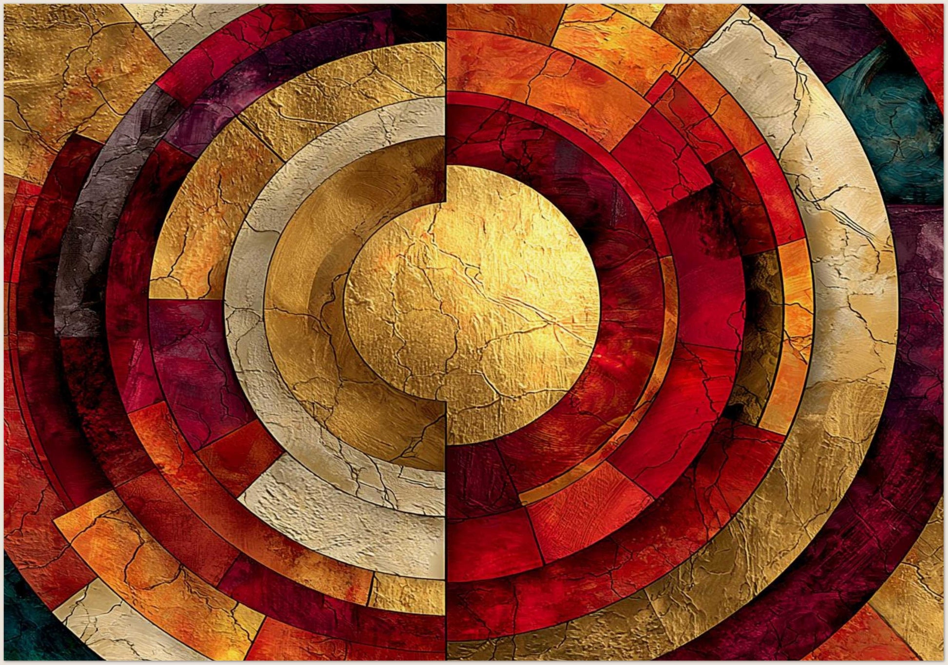 Sacred geometry spiritual wall art  featuring concentric circular shapes in red and gold tones with layered geometric segments and symmetrical abstract design.