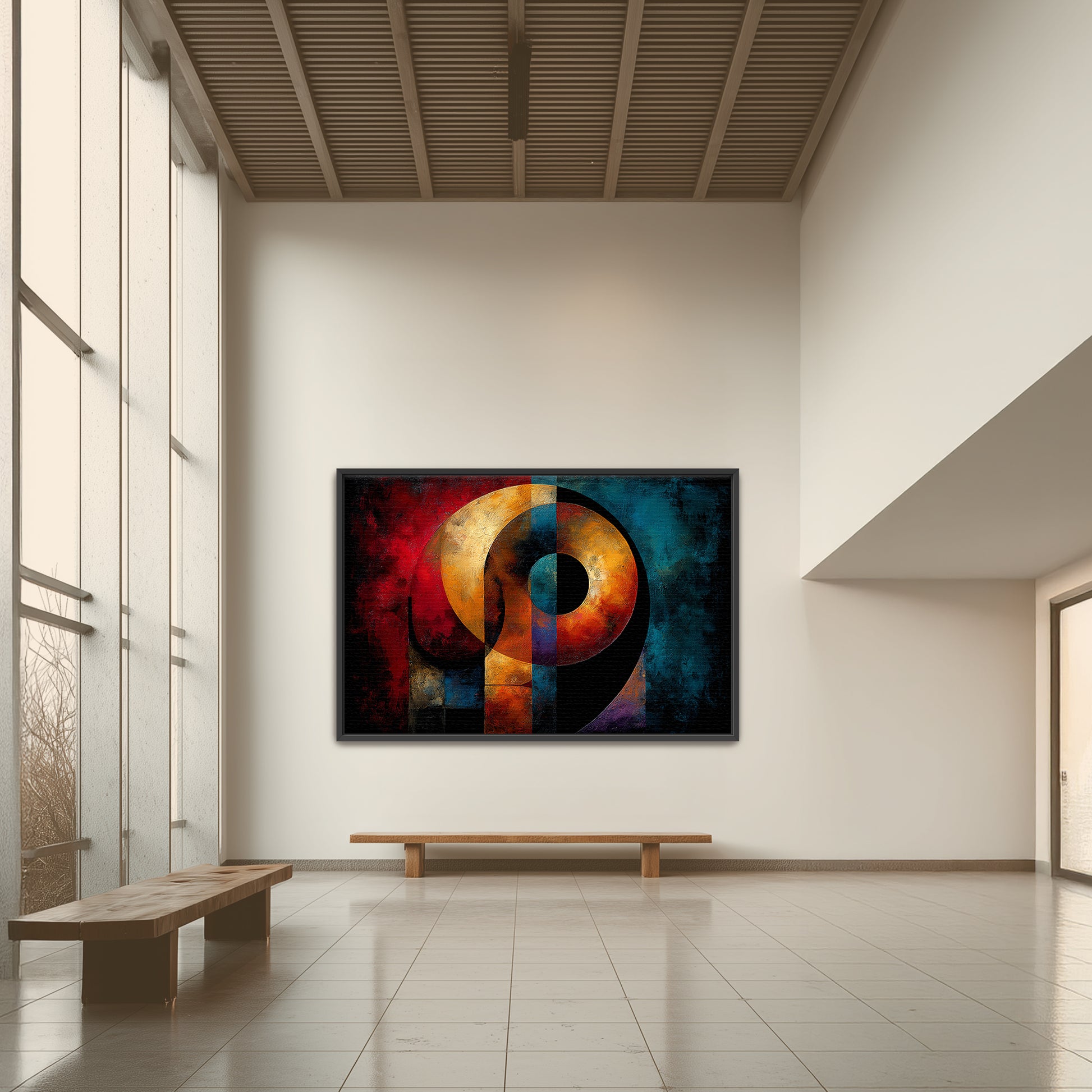 Sacred geometry spiritual wall art print displayed in a modern living room interior, showing layered circular geometry in red, gold, and blue tones.