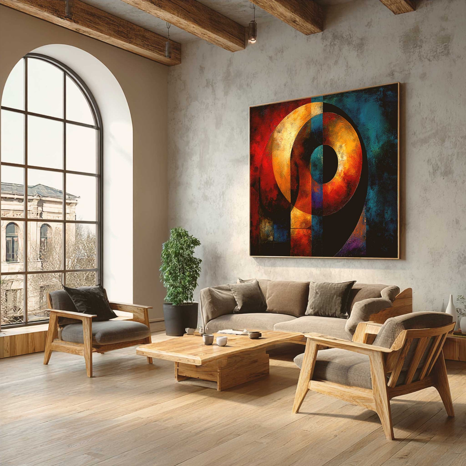 Sacred geometry spiritual wall art print styled in a contemporary living space, featuring overlapping geometric circles and textured surfaces.